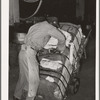 Cutting burlap bag to take sample of cotton from bale. Compress, Houston, Texas