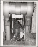 Adjusting the bale of cotton in the jaws of the compressor. Houston, Texas