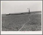 Windmill and hog pen and shed on large 4900 acre farm near Ralls, Texas. Path leads through fields from day laborers' homes