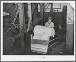 Workmen pushing hand truck of linters in cotton seed oil mill. McLennan County, Texas. See caption number 34751