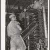 Removing cotton cake from hydraulic presses after oil has been removed. Cotton seed oil mill. McLennan County, Texas