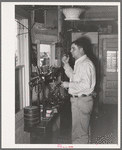 Man in office at stockyards. After cattle are sold at auction he calls out to the keepers in the pens to put cattle with certain numbers in certain pens. In this way each buyer's cattle are separated and delivery is facilitated