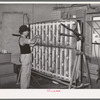 Crimping an innerspring mattress so the tufts will be more easily put in. Mattress factory. San Angelo, Texas