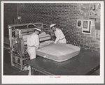 Filling mattress case with cotton linters. Mattress factory. San Angelo, Texas