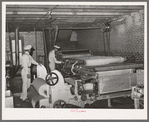 Formation of cotton bat for stuffing mattresses. Mattress factory. San Angelo, Texas. This bat is usually made from cotton linters which is that part of the cotton closest to the seed. Dark in color and short of staple