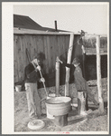 Sons of Pomp Hall, Negro tenant farmer, drawing water and mixing bran mash to feed the hogs. Creek County, Oklahoma. See general caption number 23