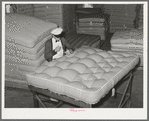 Tufting a mattress. Mattress factory, San Angelo, Texas