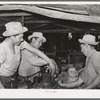 Sheep and goat shearers sharpening a blade while at work on a ranch of rehabilitation borrower in Kimble County, Texas