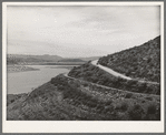 Reservoir of Roosevelt Dam with irrigation ditches and highway. Gila County, Arizona