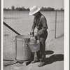 Member of the Arizona part-time farms, Chandler Unit, fixing feed for chickens. Maricopa County, Arizona