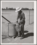 Member of the Arizona part-time farms, Chandler Unit, fixing feed for chickens. Maricopa County, Arizona