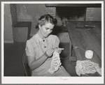 Member of the Arizona part-time farms crocheting in the community building on the project. Maricopa County, Arizona