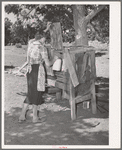Mrs. Faro Caudill placing milk into homemade cooling box. Damp cloths are wrapped around buckets and jars of milk, and rapid evaporation in the open air produces sufficient cooling to keep milk. Pie Town, New Mexico