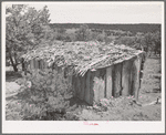 Shed made of slabs and roofed with slabs, dirt and bark strips. Pie Town, New Mexico
