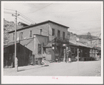 Store and gasoline pumps on main street of Mogollon, New Mexico. Second largest gold mine in the state. The inhabitants of the town are about evenly divided as to Spanish and Anglo-American
