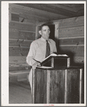 Mr. Leatherman, homesteader from Texas, leading the singing at church services. Pie Town, New Mexico