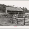 Fence, gate, and barn made of slabs on homesteader's farm. Pie Town, New Mexico