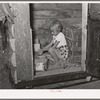 Daughter of homesteader getting chicken feed in slab shed. Trunk seen through the doorway was used to bring personal affects of the family west. Pie Town, New Mexico