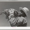 Member of the Casa Grande Valley Farms, Pinal County, Arizona, drinking from water bottle while in the hay field