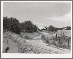 Irrigation ditch flows across road at entrance to Chamisal, New Mexico