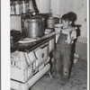 Spanish-American boy eating sweet corn which he has roasted on top of hot stove. Chamisal, New Mexico