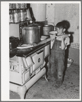 Spanish-American boy eating sweet corn which he has roasted on top of hot stove. Chamisal, New Mexico