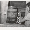 Mrs. Whinery placing bucket of milk in cooling room. Pie Town, New Mexico