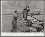 Neighboring farmer asking one of the members of the Olsen cooperative binder when custom work could be done for him. Mantua, Utah