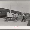 Pulling carload of express packages away from train immediately after the arrival of the morning train. Montrose, Colorado