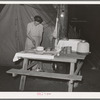 Carpenter's wife setting the table in front of their tent home. Mission Valley, California, which is about three miles from San Diego. These people followed construction work in Texas, Louisiana, Illinois and Arizona. (see full title in "notes" section)