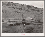 Flat cars of narrow gauge railroad loaded with logs from the surrounding mountains. Baker County, Oregon