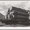Logs on flatcar which will take them into town from mountain logging camp. The lumbering industry in the eastern part of the state was developed later than that in the western parts of the state but has gathered great speed. Income from forest products in