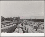 Lumber for construction work stacked in the open along Pacific Highway. San Diego, California