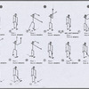 Sixteen stick figures with various extended arms and legs