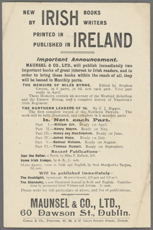 Poster titled: New Irish Books by Irish Writers