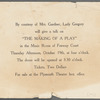 Printed invitation to  Lady Gregory's lecture "The making of a play" hosted at Fenway Court by Mrs. Gardner