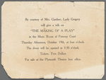 Printed invitation to  Lady Gregory's lecture "The making of a play" hosted at Fenway Court by Mrs. Gardner