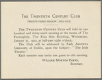 Printed invitation to  Lady Gregory's lecture hosted by The Twentieth Century Club 