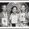 Allan Johnson, Willa Kim, and Julie Wilson holding their Tony Award nominations for Legs Diamond