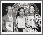 Allan Johnson, Willa Kim, and Julie Wilson holding their Tony Award nominations for Legs Diamond