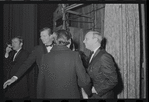 John V. Lindsay [center] Harold Prince [right] and unidentified others at the opening night of stage production Cabaret