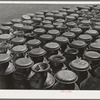 Milk cans at the Dairymen's Cooperative Creamery. Caldwell, Canyon County, Idaho. Each member has a number and this number is painted on his milk cans