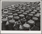 Milk cans at the Dairymen's Cooperative Creamery. Caldwell, Canyon County, Idaho. Each member has a number and this number is painted on his milk cans