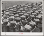 Milk cans at the Dairymen's Cooperative Creamery. Caldwell, Canyon County, Idaho. Each member has a number and this number is painted on his milk cans