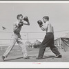 Boxing. Transient workers living at the FSA (Farm Security Administration) migratory farm labor camp. Athena, Oregon (mobile unit)