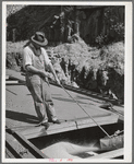 Pouring wheat into hole of barge at Port Kelly. Walla Walla County, Washington. Barge goes down Columbia River to Portland