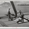 Loading bulk wheat into hole of barge for shipment from Port Kelly to Portland. Walla Walla County, Washington