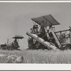 Tractor-drawn combine. Whitman County, Washington. Notice that wheat is sacked on combine