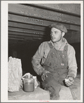 Worker on stationary mechanical hop picker. Yakima County, Washington