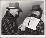 Putting number on a gleaner's back. Cornhusking contest, Ontario, Oregon. The gleaner's job is to follow the husker with corresponding numbers and gather the ears missed by husker and also ears picked but which miss the wagon